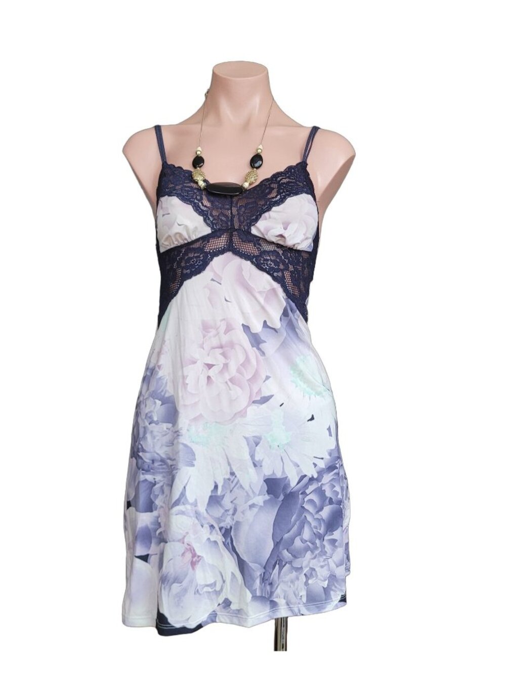LA VIE EN ROSE Purple Floral Black Lace Slip Dress (XS)